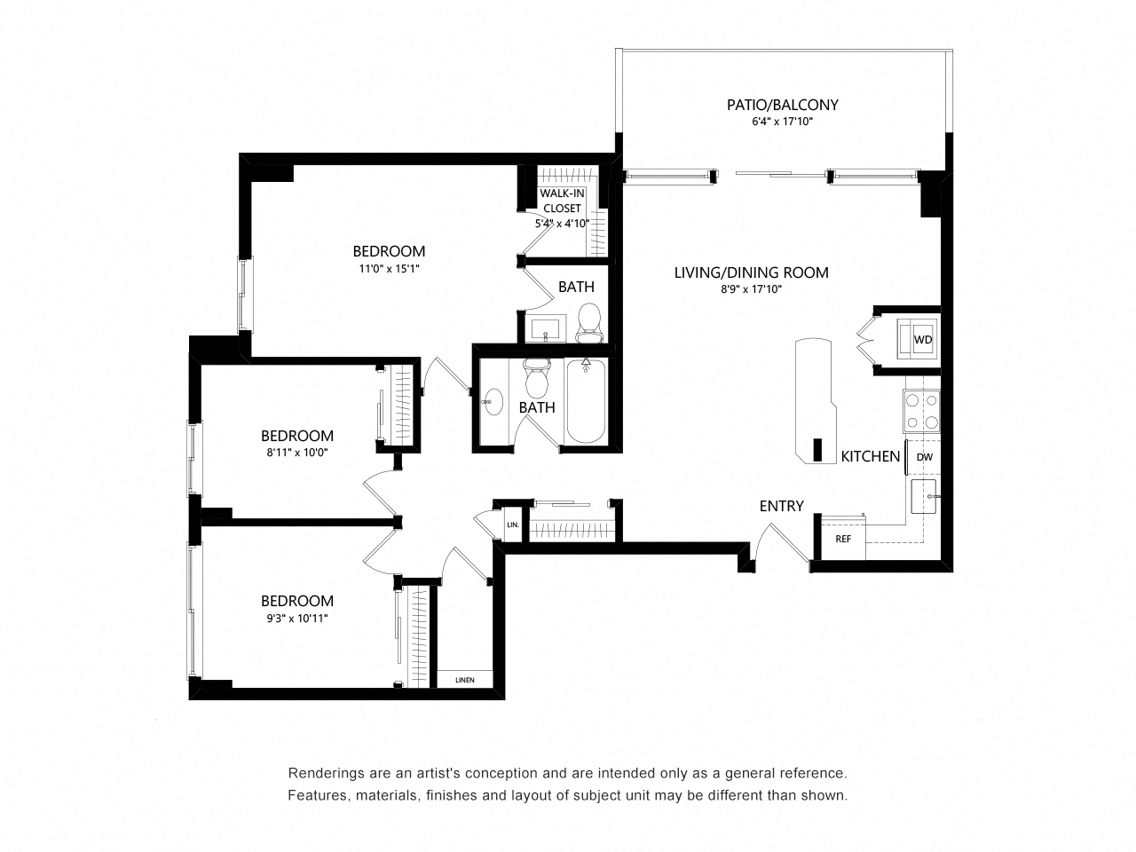 Floor plan for 3 beds, 1.5 baths, 1120 sqft
